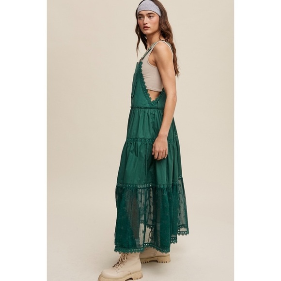 LISTICLE Forest Green Lace Embroidered Maxi Skirtall | Boho Overall Jumper - Picture 9 of 11